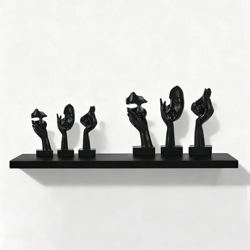 Vista 2 de Juego de 3 estatuas grandes de Thinker - Figuras abstractas de arte negro para sala de estar, dormitorio, estantes, escritorio de oficina