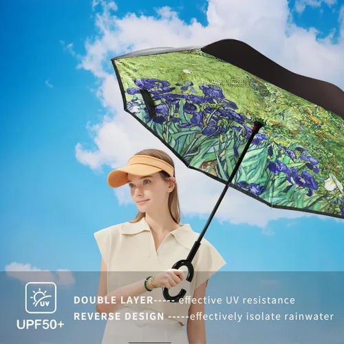 Vista 3 de SIEPASA - Paraguas invertido con mango en forma de C, resistente al viento y a los rayos UV, para mujeres y hombres.