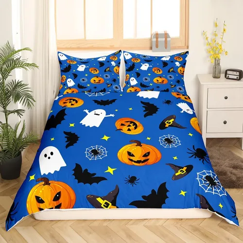 Vista 6 de Manfei Juego de funda de edredón con diseño de calabaza, tamaño individual, funda de edredón con 1 funda de almohada, juego de ropa de cama de 2