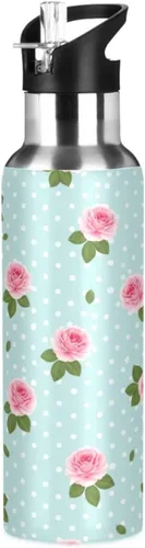 Pink Roses Blue Insulated Water Bottle 20 Oz Leakproof Water Bottles, BPA-Free Sport Water Bottle Insulated