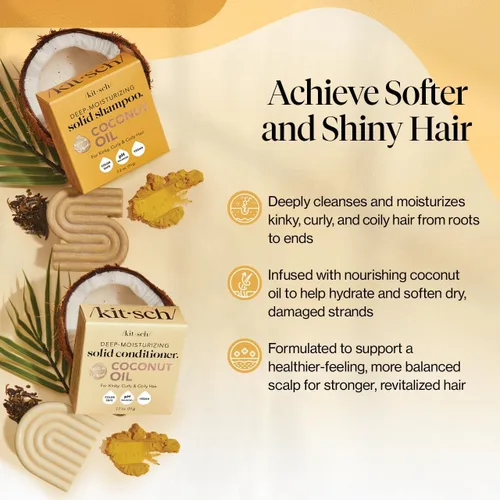 Vista 2 de Kitsch Juego de champú y acondicionador de aceite de coco, barra de champú y acondicionador hidratante profundo para cabello seco dañado, barras