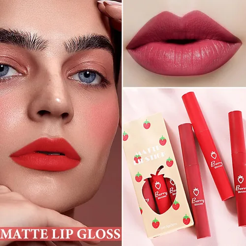 Vista 2 de Juego de 3 lápices labiales mate nude, terciopelo natural, suave, mate, brillo labial, larga duración, impermeable, lápiz labial de maquillaje