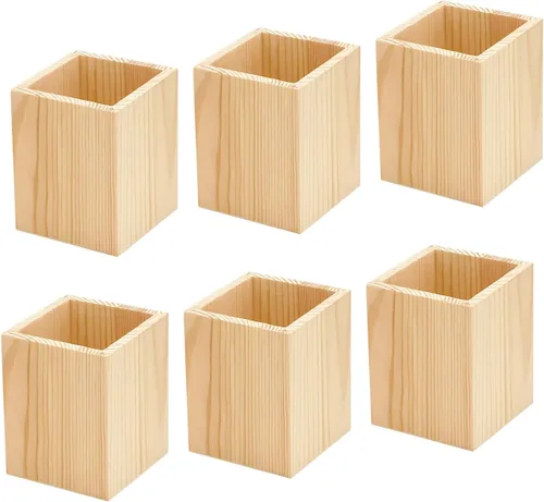 Vista 2 de Cregugua Paquete de 6 portalápices de madera sin terminar para manualidades caseras (3 x 3 x 4 pulgadas)