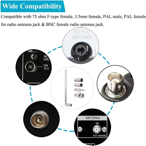 Vista 3 de Antena de radio FM, telescópica de 75 ohmios, tornillo F macho con conector PAL BNC de 0.138 in, adaptador de conector de conector AM FM Antena