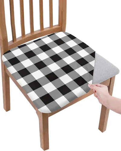Juego de 2 fundas para asiento de silla de comedor, diseño clásico a cuadros blancos y negros, decoración navideña, extraíble, elásticas, fundas