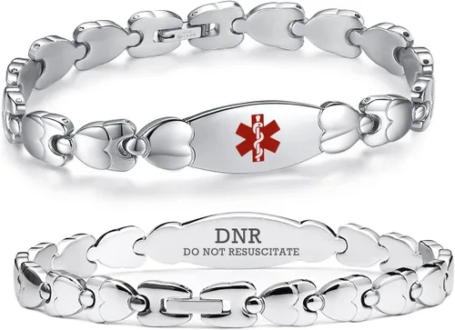 Vista 38 de LinnaLove Pulsera de identificación médica de doble corazón para mujeres 7 1/2 pulgadas de acero inoxidable de moda pulseras de alerta médica