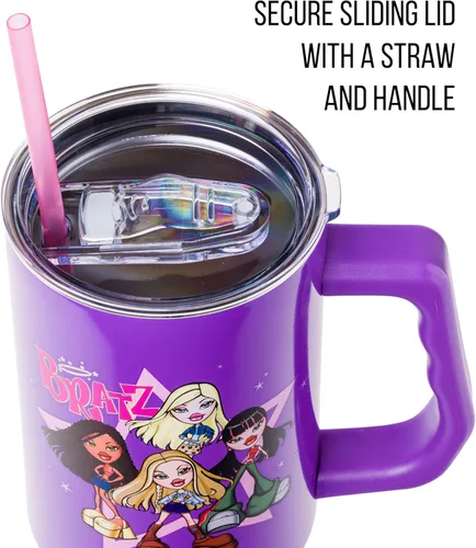 Vista 2 de Silver Buffalo - Vaso de acero inoxidable Bratz con Cloe, Yasmin, Jade y Sasha, con asa y pajilla, compatible con portavasos estándar, 40 onzas