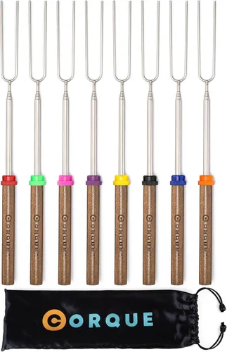 Vista 9 de CORQUE Palitos de asado de malvavisco, palitos de olor, extensibles, pincho de campamento para hoguera, mango de madera, metal de 32 pulgadas