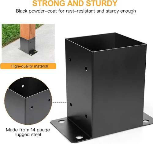 Vista 3 de Base de poste de 4 x 4, 3 piezas, tamaño interior de 3.6 x 3.6 pulgadas, soportes de poste de metal resistente con recubrimiento en polvo negro