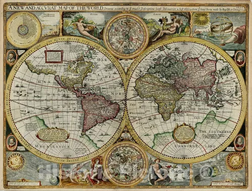 Mapa histórico: un mapa nuevo y preciso del mundo, 1651, John Speed, v2, arte de pared vintage: 24 x 18 pulgadas