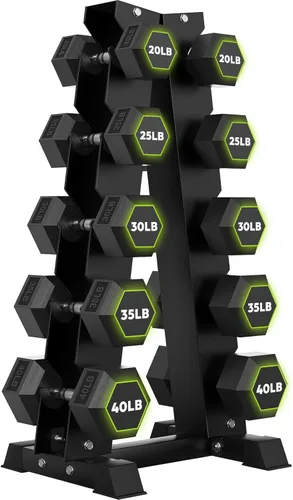 Vista 13 de HANDBODE Rubber Coated Hex Dumbbell Set with A-Frame Rack, 100 lb - 550 lb Multiple Options Weight, Hexagon Non-Rolling Shape, Ergonomic Knurled