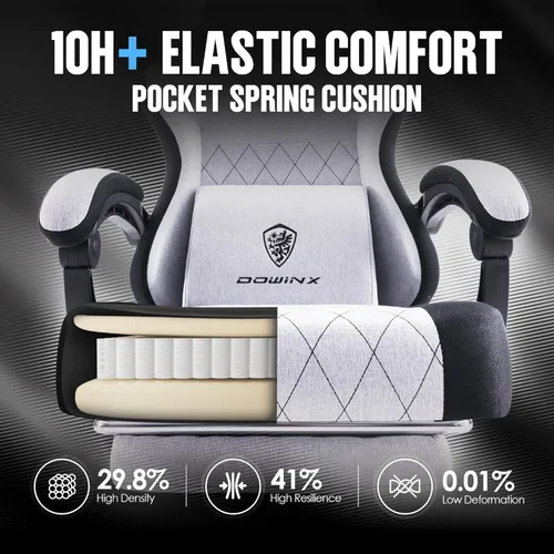 Vista 4 de Dowinx Silla de tela para videojuegos, silla ergonómica para computadora con reposapiés y cojín de resorte de bolsillo, silla de videojuegos de Gris