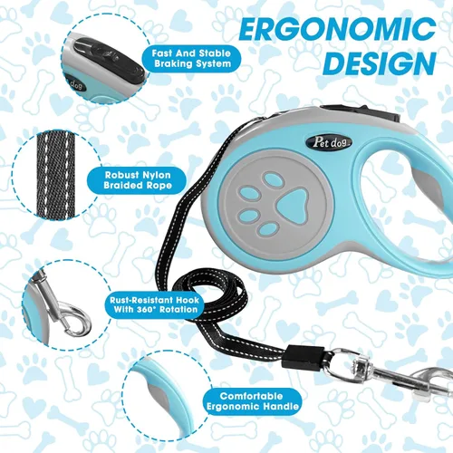Vista 6 de Correa retráctil para perro de 16 pies, correa de nailon resistente con botón de bloqueo rápido para perros pequeños y medianos (azul)