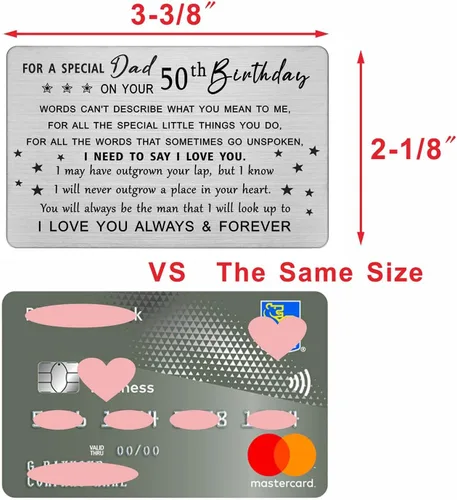 Vista 2 de DEGASKEN Tarjeta de cumpleaños número 50 para papá, regalos de cumpleaños de 50 años para papá, tarjeta personalizada de acero grabada