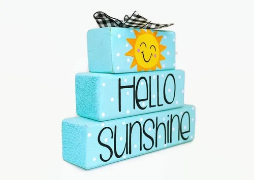 Vista 2 de Celebrate Summer with 'Hello Sunshine' WoodenBlock Shelf Sitter Stack Signs for Home Decor.