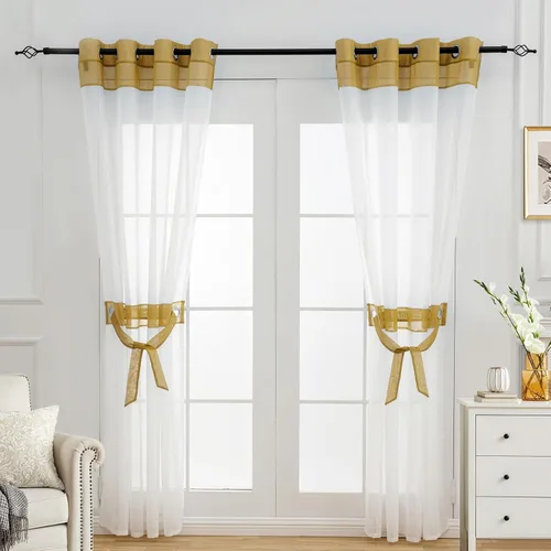 Vista 11 de L.Z.E - Cortinas transparentes blancas y negras de 63 pulgadas de largo, 2 paneles para sala de estar, cortinas elegantes y modernas transparentes