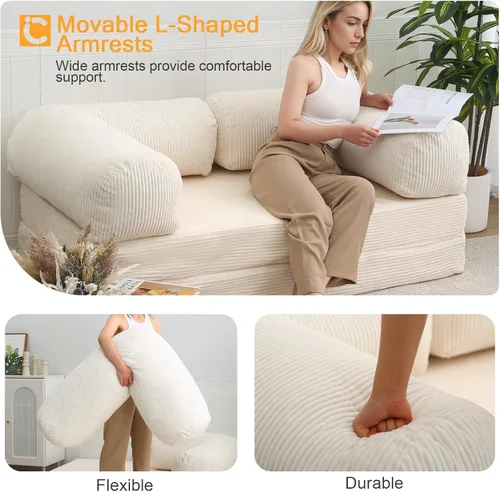 Vista 6 de COMAX Sofá cama futón, sofá cama plegable 4 en 1 con reposabrazos en forma de L, silla plegable convertible, colchón plegable para sala de estar