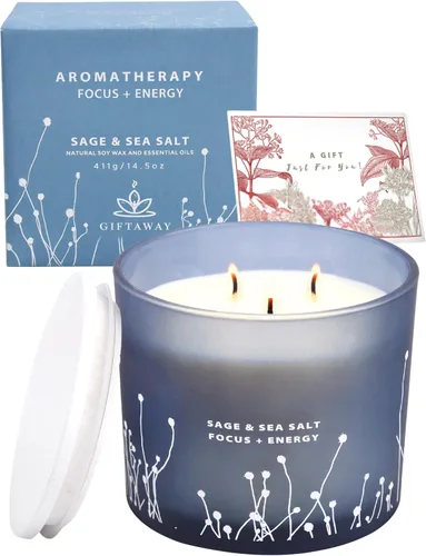 Vista 6 de Vela de 3 mechas de sal marina de salvia blanca, vela grande perfumada de soja de 14.5 onzas, vela de salvia para limpieza de casa, velas aromáticas