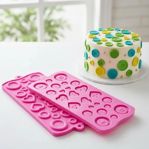 Vista 6 de Rosa 2 botones redondos de silicona y corazón chocolate DIY molde Baby Shower Fondant Cute Sugar Craft Chocolate Chip