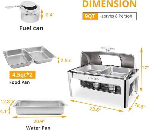 Vista 8 de ROVSUN Juego de Chafing Dish de Buffet con Tapa Enrollable, NSF 9 Cuartos Rectangular de Acero Inoxidable Chafer para Catering, Servidores de Buffet