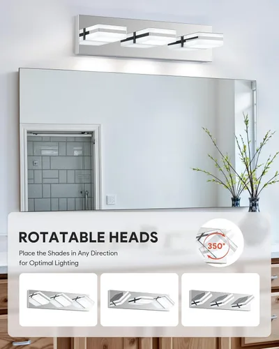 Vista 3 de VONLUCE Lámpara de tocador de baño, 3 luces LED modernas de tocador, luz de baño ajustable 3CCT con función de memoria, pantallas giratorias