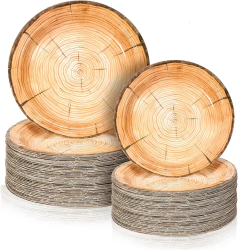Vista 7 de Tioncy 50 platos de papel de grano de madera de 7 pulgadas y 9 pulgadas, plato de madera rústica, redondo, desechable, para bosque, baby shower
