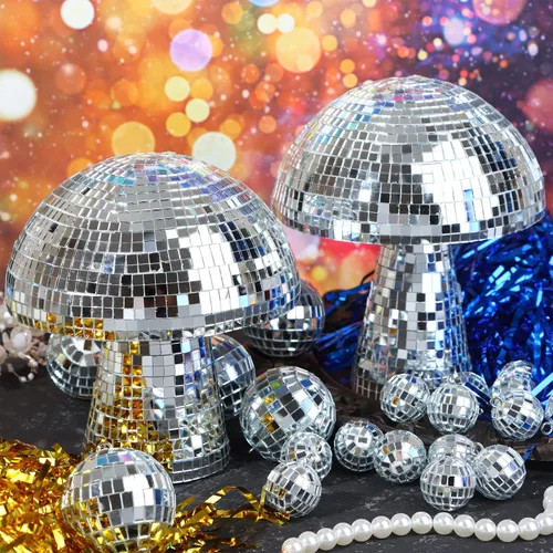 Vista 4 de 2 bolas de discoteca con forma de hongo, bola de discoteca plateada, espejo de hongo independiente, bolas de discoteca brillantes, bola de espejo