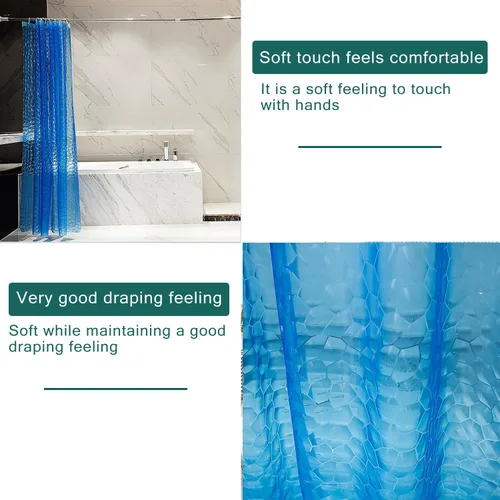 Vista 4 de Forro de cortina de ducha EVA azul, forro de ducha cubo de agua 3D 5G con 12 ojales de metal a prueba de óxido e imanes con peso, impermeable