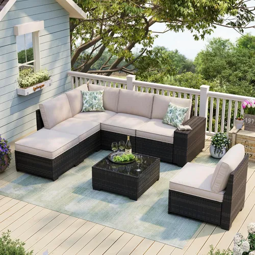Vista 9 de JOYURE Juego de muebles de patio de 5 piezas, sofá de exterior con cojines impermeables, sofá de patio en forma de L de ratán y mesa auxiliar Gris