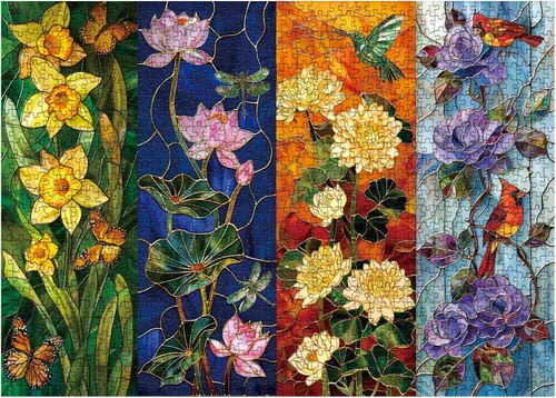 Vista 2 de Rompecabezas de flores de vidrieras para adultos de 1000 piezas, rompecabezas coloridos de plantas de arte, hermoso rompecabezas floral de pájaro