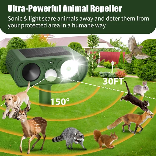 Vista 2 de Repelente solar ultrasónico de animales, dispositivos repelentes de ciervos impermeables, repelente de gatos al aire libre con detección