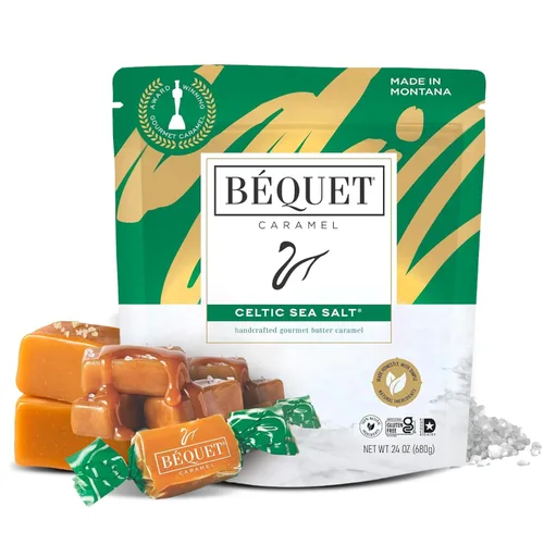 Caramelos de sal marina celta Béquet – Caramelo gourmet suave, envuelto individualmente, sin gluten y kosher – Bolsa resellable de 24 oz
