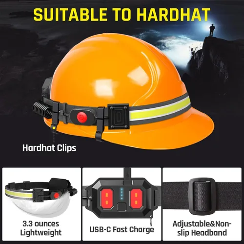 Vista 4 de linterna LED recargable USB con luz de 1000 lúmenes, haz amplio de 230°, luz roja trasera, luz de diadema superbrillante, linternas impermeables