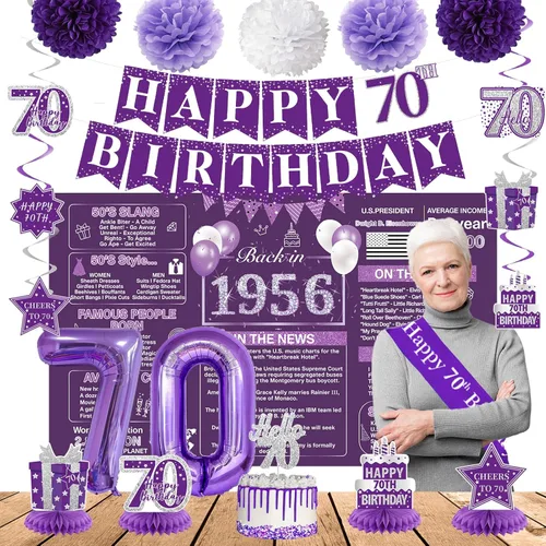 Vista 14 de Crenics Decoraciones moradas de cumpleaños 90 para mujer, telón de fondo, pancarta, remolinos, centros de mesa, banda, pompones de papel, decoración