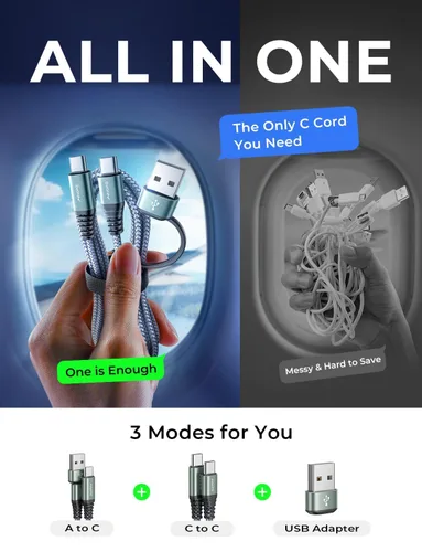 Vista 35 de Cable AINOPE USB C a USB C, Cable USB C de 1 Pie de Carga Rápida con Adaptador USB a USB C, Cable USB a USBC de 60W para iPhone 17 Pro Max Air Gris