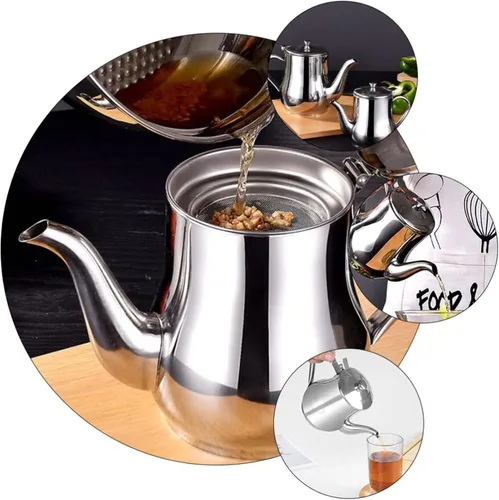 Vista 4 de Olla de filtro de aceite de acero inoxidable, recipiente de grasa de tocino con colador y boquilla, olla de aceite filtrante reutilizable para grasa