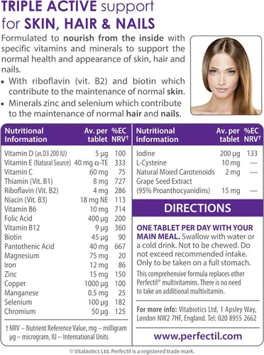Vista 4 de Vitabiotics, Perfectil Triple Active, nutrientes esenciales para ayudar a mantener una piel, cabello y uñas saludables, cajas de 30