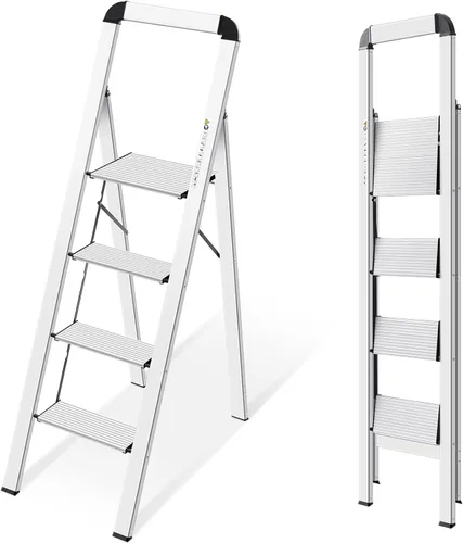 Vista 11 de KINGRACK Escalera de escalón, 2 escalones, escalera plegable con pasamanos, escalera antideslizante de seguridad plegable para el hogar, taburete