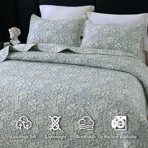 Vista 2 de DURLENGEN Juego de edredón botánico gris azulado tamaño Queen de 3 piezas, estampado gris azulado con patrón de hojas beige, juego de colcha ligera