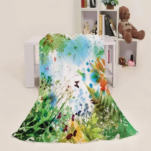 Vista 15 de Manta infantil de algodón, manta de sofá de libélula para sala de estar, plantas naturales, hierba con flores silvestres con efectos de pincel