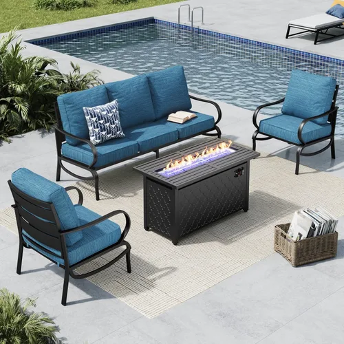 Vista 34 de MFSTUDIO Juego de muebles de patio de 6 piezas con mesa de fogata de gas de 45 pulgadas (hasta 7 asientos), sofás de conversación de patio con marco