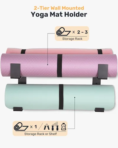 Vista 5 de Soporte para esterilla de yoga con acolchado protector de montaje en pared, estante de almacenamiento de acero, colgador de ancho ajustable de 2