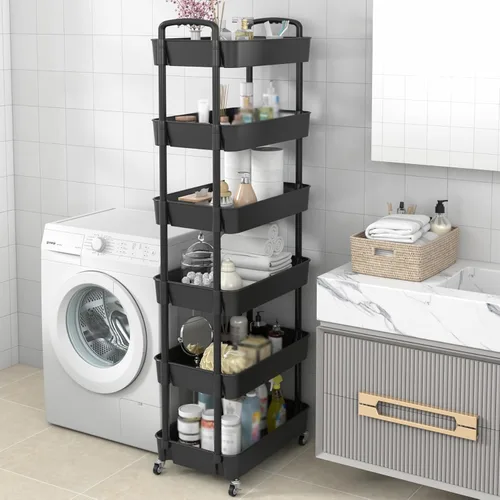 Vista 7 de Sywhitta - Carrito rodante de utilidad de 6 niveles de plástico con asa, carrito de almacenamiento multifuncional para oficina, sala de estar