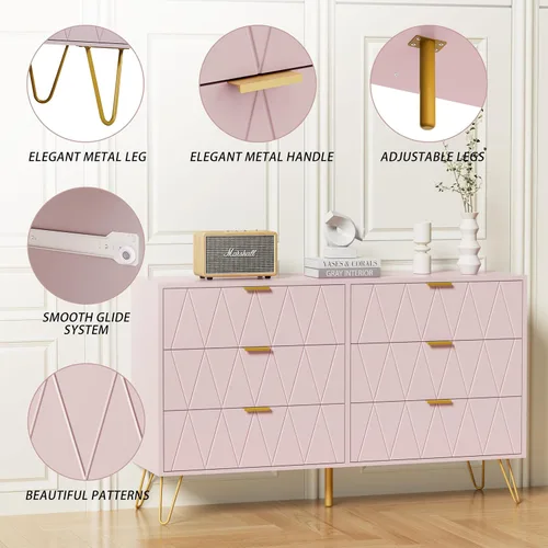 Vista 26 de UEV Cómoda grande negra de 6 cajones, cómoda moderna con cajones anchos y asas de metal, cómoda de almacenamiento de madera para dormitorio, Negro