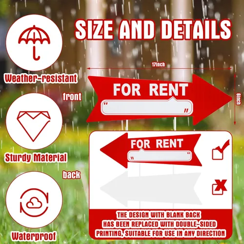 Vista 2 de Barydat 12 letreros de patio de alquiler con estacas de 17 x 6 pulgadas, plástico de doble cara para alquiler de garaje, venta de flechas