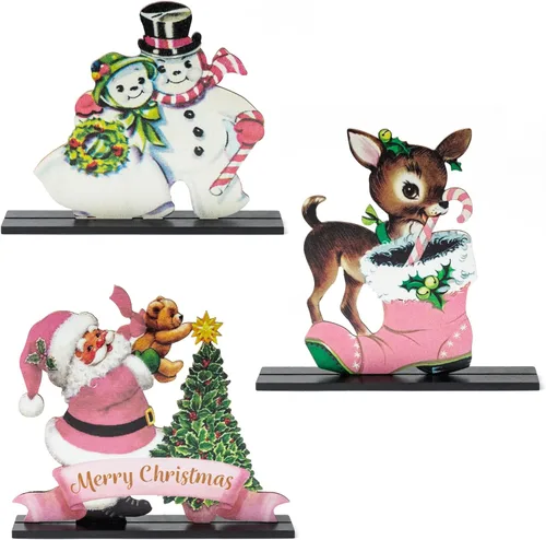Centros de Mesa Navideños de Invierno - 3 piezas Centros de Mesa Decorativos de Madera Vintage Rosa para Mesa de Navidad e Invierno, Letreros