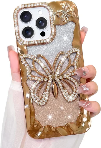 Vista 11 de Bonoma Funda con purpurina para iPhone 13 Pro Max, bonita funda 3D con patrón de chapado en degradado de mariposa de diamante, protección de cámara