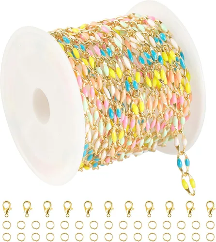 Vista 12 de YOUBEIYEE Cadena chapada en oro para hacer joyas, bandera estadounidense, cadena de cable esmaltada de color para mujer, collar, pulsera, cadenas