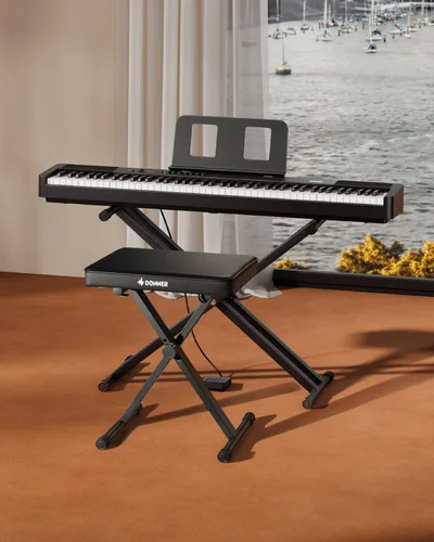Vista 2 de Donner Banco de piano, banco de teclado ajustable, taburete portátil, silla plegable, asiento plegable, estilo X, 1.6 pulgadas de grosor acolchado
