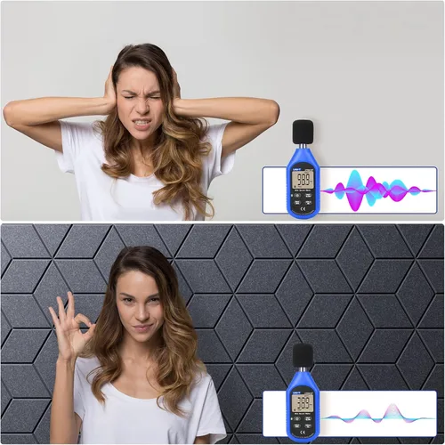 Vista 5 de Paquete de 12 paneles acústicos autoadhesivos de 12 x 10 x 0.4 pulgadas, paneles de espuma a prueba de sonido con alta densidad, diseño forrado